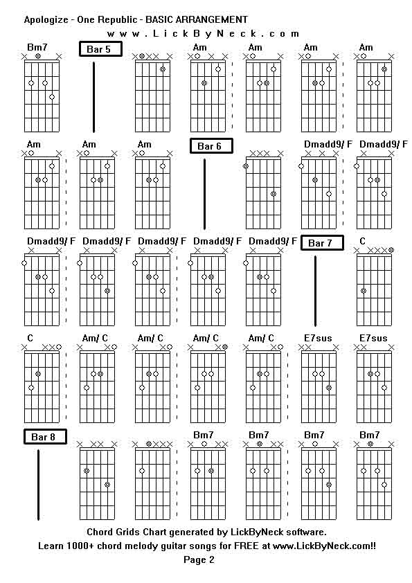 Chord Grids Chart of chord melody fingerstyle guitar song-Apologize - One Republic - BASIC ARRANGEMENT,generated by LickByNeck software.